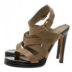 Pre Owned صندل سان لوران باريس مونتياج 105 جلد بيج بسيور مقاس 38.5