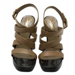 Pre Owned صندل سان لوران باريس مونتياج 105 جلد بيج بسيور مقاس 38.5