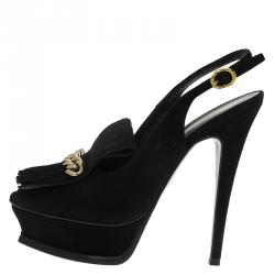 Pre Owned صندل سان لوران باريس تريبيوت سويدي أسود بشراشيب وسلسلة مزينة نعل سميك مقاس 36