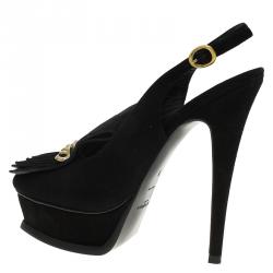 Pre Owned صندل سان لوران باريس تريبيوت سويدي أسود بشراشيب وسلسلة مزينة نعل سميك مقاس 36