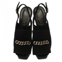 Pre Owned صندل سان لوران باريس تريبيوت سويدي أسود بشراشيب وسلسلة مزينة نعل سميك مقاس 36