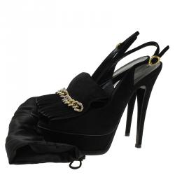 Pre Owned صندل سان لوران باريس تريبيوت سويدي أسود بشراشيب وسلسلة مزينة نعل سميك مقاس 36