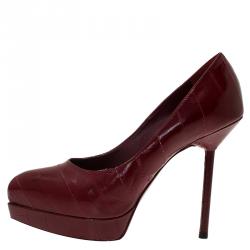 مملوكة مسبقًا حذاء كعب عالي سان لوران باريس  ديفاين نعل سميك مدبب جلد عنابي مقاس 35.5