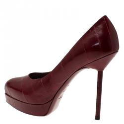 مملوكة مسبقًا حذاء كعب عالي سان لوران باريس  ديفاين نعل سميك مدبب جلد عنابي مقاس 35.5