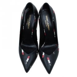 مملوكة مسبقًا Saint Laurent Paris Black Lipstick Print Leather Pointed Toe Pumps Size 37