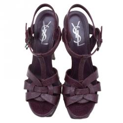 Pre Owned Saint Laurent Paris Burgundy Leather Tribute Platform Sandals Size 38