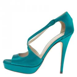 Pre Owned Saint Laurent Paris Turquoise Satin Tribute Cross Strap Platform Sandals Size 38.5