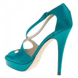 Pre Owned Saint Laurent Paris Turquoise Satin Tribute Cross Strap Platform Sandals Size 38.5