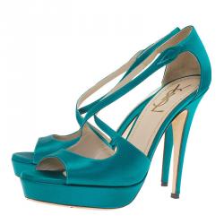 Pre Owned Saint Laurent Paris Turquoise Satin Tribute Cross Strap Platform Sandals Size 38.5