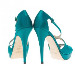 Pre Owned Saint Laurent Paris Turquoise Satin Tribute Cross Strap Platform Sandals Size 38.5