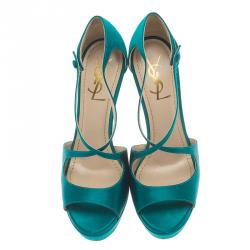 Pre Owned Saint Laurent Paris Turquoise Satin Tribute Cross Strap Platform Sandals Size 38.5