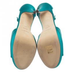 Pre Owned Saint Laurent Paris Turquoise Satin Tribute Cross Strap Platform Sandals Size 38.5