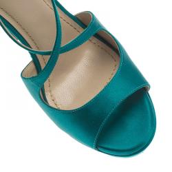 Pre Owned Saint Laurent Paris Turquoise Satin Tribute Cross Strap Platform Sandals Size 38.5