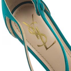 Pre Owned Saint Laurent Paris Turquoise Satin Tribute Cross Strap Platform Sandals Size 38.5