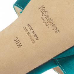 Pre Owned Saint Laurent Paris Turquoise Satin Tribute Cross Strap Platform Sandals Size 38.5