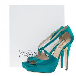 Pre Owned Saint Laurent Paris Turquoise Satin Tribute Cross Strap Platform Sandals Size 38.5