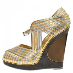 Pre Owned Saint Laurent Paris Gold and Silver Leather Strappy Platform Wedge Sandals Size 38