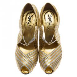 Pre Owned Saint Laurent Paris Gold and Silver Leather Strappy Platform Wedge Sandals Size 38