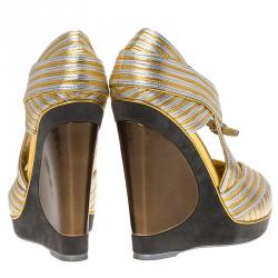 Pre Owned Saint Laurent Paris Gold and Silver Leather Strappy Platform Wedge Sandals Size 38