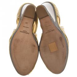 Pre Owned Saint Laurent Paris Gold and Silver Leather Strappy Platform Wedge Sandals Size 38