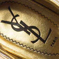 Pre Owned Saint Laurent Paris Gold and Silver Leather Strappy Platform Wedge Sandals Size 38