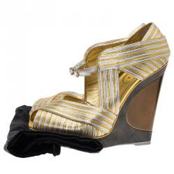Pre Owned Saint Laurent Paris Gold and Silver Leather Strappy Platform Wedge Sandals Size 38