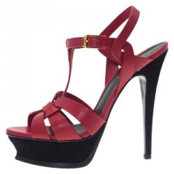 Pre Owned Saint Laurent Paris Red Leather Tribute Platform Sandals Size 36