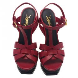 Pre Owned Saint Laurent Paris Red Leather Tribute Platform Sandals Size 36