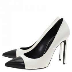 Pre Owned Saint Laurent Paris Two Tone Leather Cap Toe Pointed Pumps Size 41