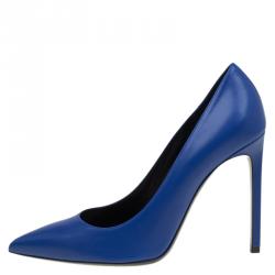 Pre Owned حذاء كعب عالى سان لوران باريس مقدمة مدببة جلد أزرق مقاس 40