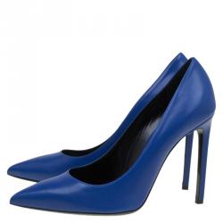 Pre Owned حذاء كعب عالى سان لوران باريس مقدمة مدببة جلد أزرق مقاس 40