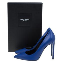 Pre Owned حذاء كعب عالى سان لوران باريس مقدمة مدببة جلد أزرق مقاس 40