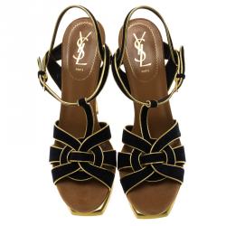 Pre Owned Saint Laurent Paris Navy Blue Suede And Printed Python Tribute Platform  Sandals Size 41.5
