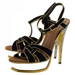 Pre Owned Saint Laurent Paris Navy Blue Suede And Printed Python Tribute Platform  Sandals Size 41.5