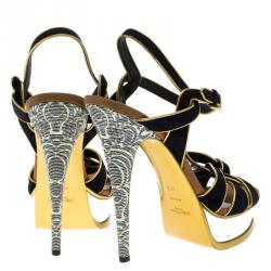 Pre Owned Saint Laurent Paris Navy Blue Suede And Printed Python Tribute Platform  Sandals Size 41.5