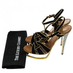 Pre Owned Saint Laurent Paris Navy Blue Suede And Printed Python Tribute Platform  Sandals Size 41.5