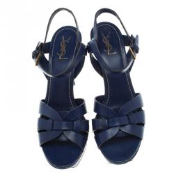 Pre Owned Saint Laurent Paris Cobalt Blue Leather Tribute Platform Sandals Size 41