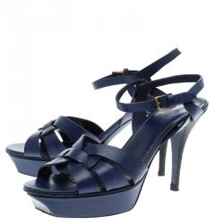 Pre Owned Saint Laurent Paris Cobalt Blue Leather Tribute Platform Sandals Size 41