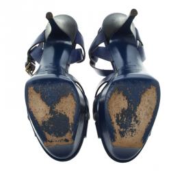 Pre Owned Saint Laurent Paris Cobalt Blue Leather Tribute Platform Sandals Size 41