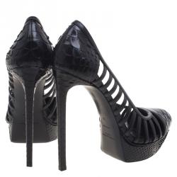 Pre Owned Saint Laurent Paris Black Python Janis Cutout Platform Pumps Size 39
