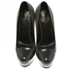 مملوكة مسبقًا Saint Laurent Paris Grey Suede And Patent Leather Cap Toe Tribtoo Platform Pumps Size 35.5