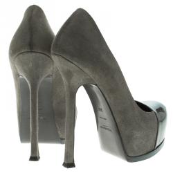 مملوكة مسبقًا Saint Laurent Paris Grey Suede And Patent Leather Cap Toe Tribtoo Platform Pumps Size 35.5