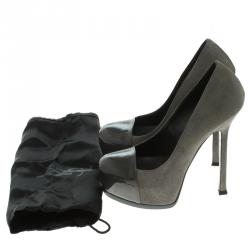 مملوكة مسبقًا Saint Laurent Paris Grey Suede And Patent Leather Cap Toe Tribtoo Platform Pumps Size 35.5