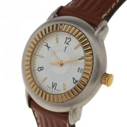 Pre Owned ساعة يد نسائية سان لوران باريس كلاسيك ستانلس ستيل مطلي ذهب بيضاء 29 مم