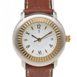 Pre Owned ساعة يد نسائية سان لوران باريس كلاسيك ستانلس ستيل مطلي ذهب بيضاء 29 مم