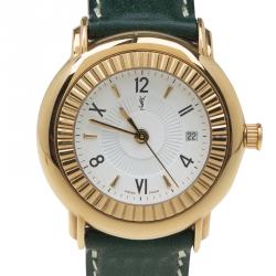 مملوكة مسبقًا ساعة يد نسائية سان لوران باريس كلاسيك ستانلس ستيل مطلي ذهب بيضاء 29 مم