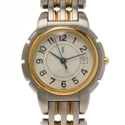 Pre Owned ساعة يد نسائية سان لوران باريس كلاسيك ستانلس ستيل مطلي ذهب بيضاء 28 مم