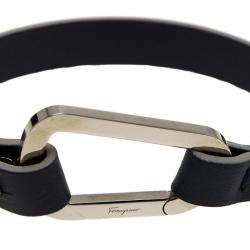 Pre Owned Salvatore Ferragamo Navy Blue Leather Silver Tone Bracelet