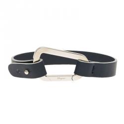Pre Owned Salvatore Ferragamo Navy Blue Leather Silver Tone Bracelet