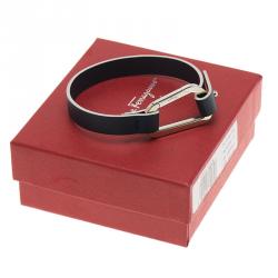 Pre Owned Salvatore Ferragamo Navy Blue Leather Silver Tone Bracelet